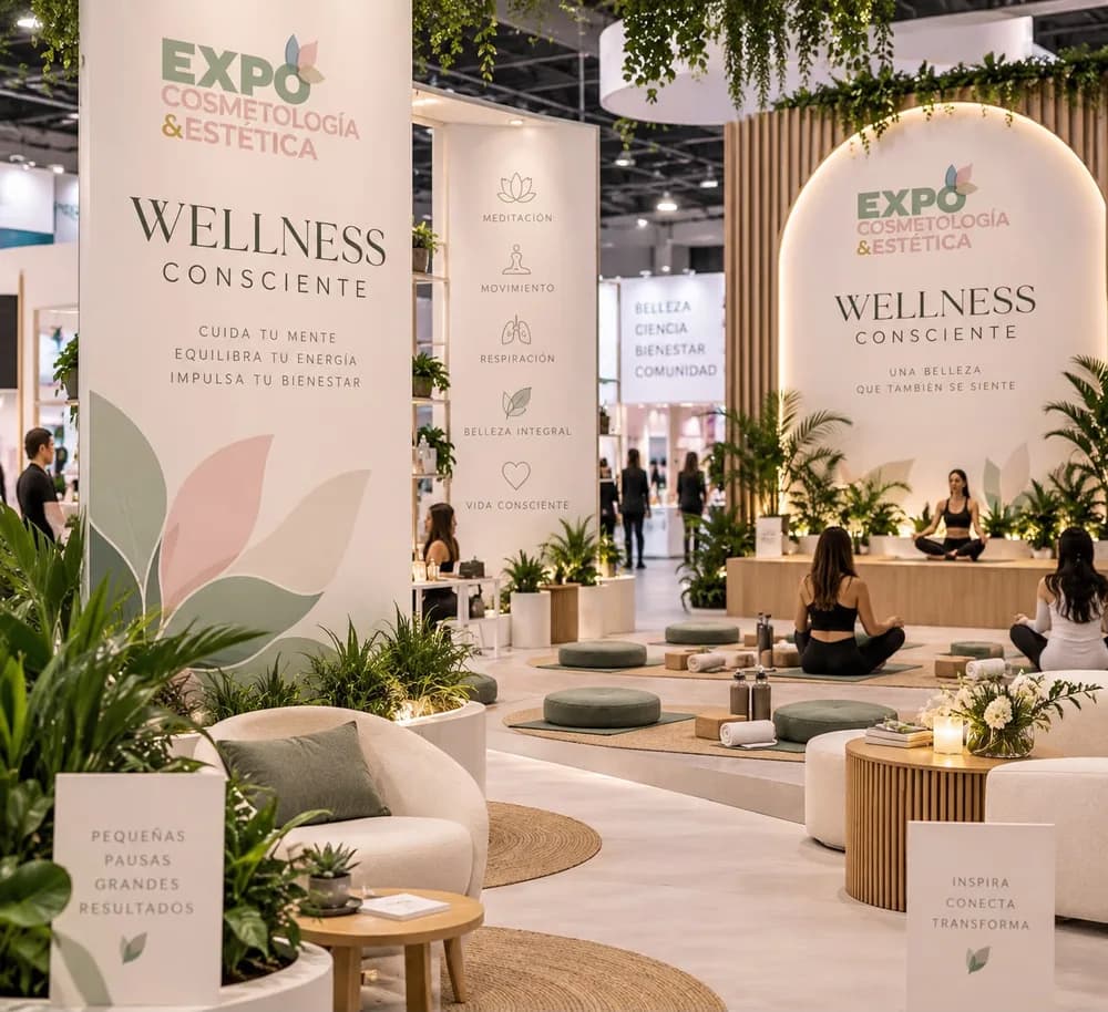 Área Wellness Consciente montada en el piso de la Expo, con zona de meditación y lounge