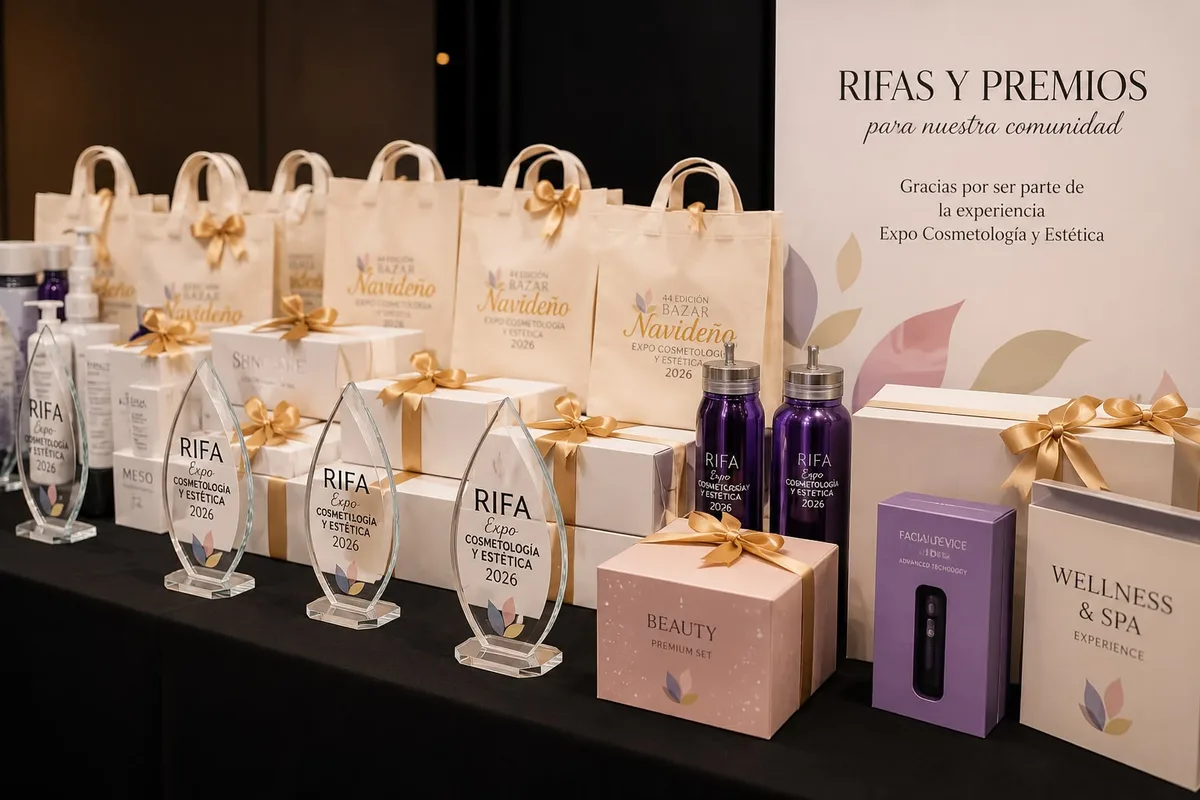 Mesa de premios de la Expo con bolsas de la 44ª edición, cajas de producto y reconocimientos de cristal